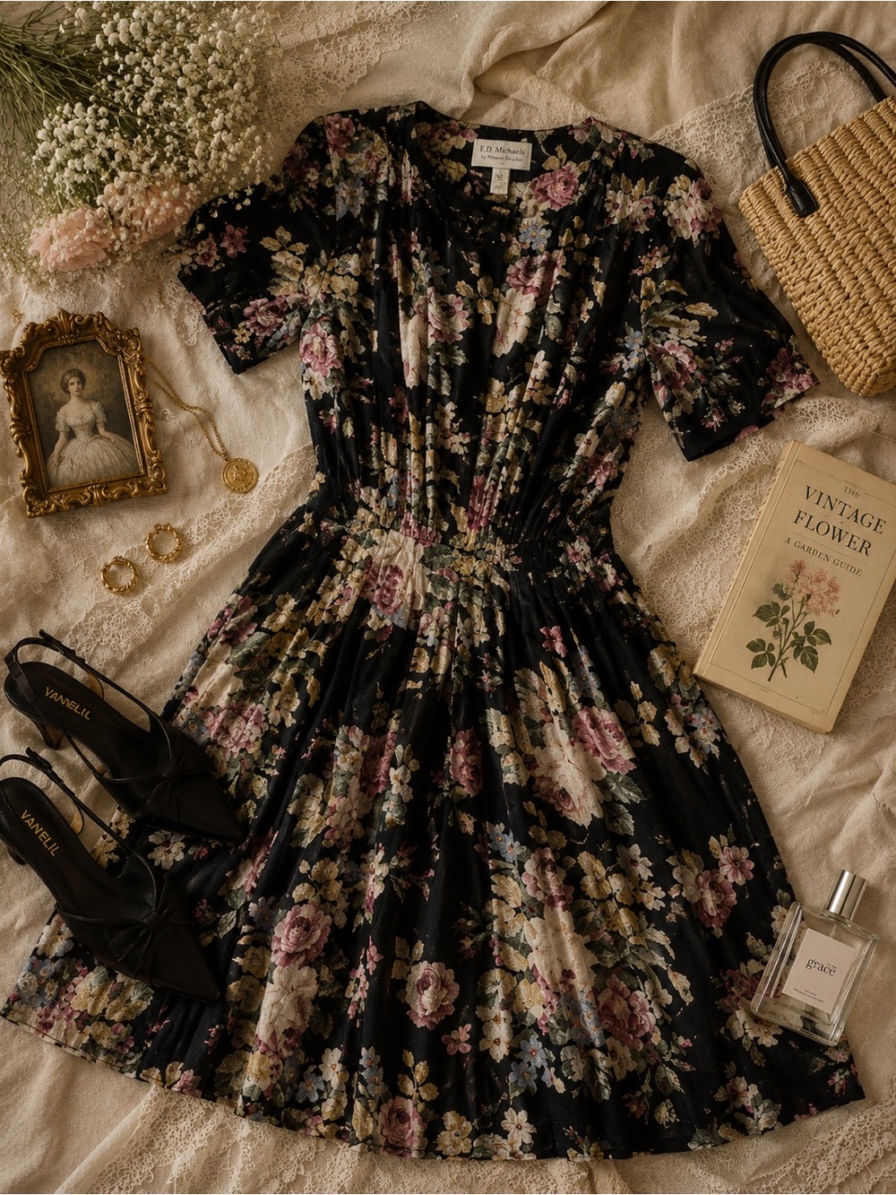 Vintage Black Floral E.D Michaels by Melanie Drucker Dress